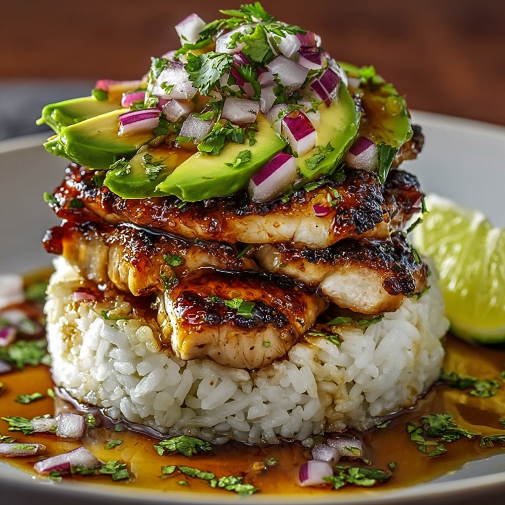 Plated honey lime chicken stacked with avocado rice