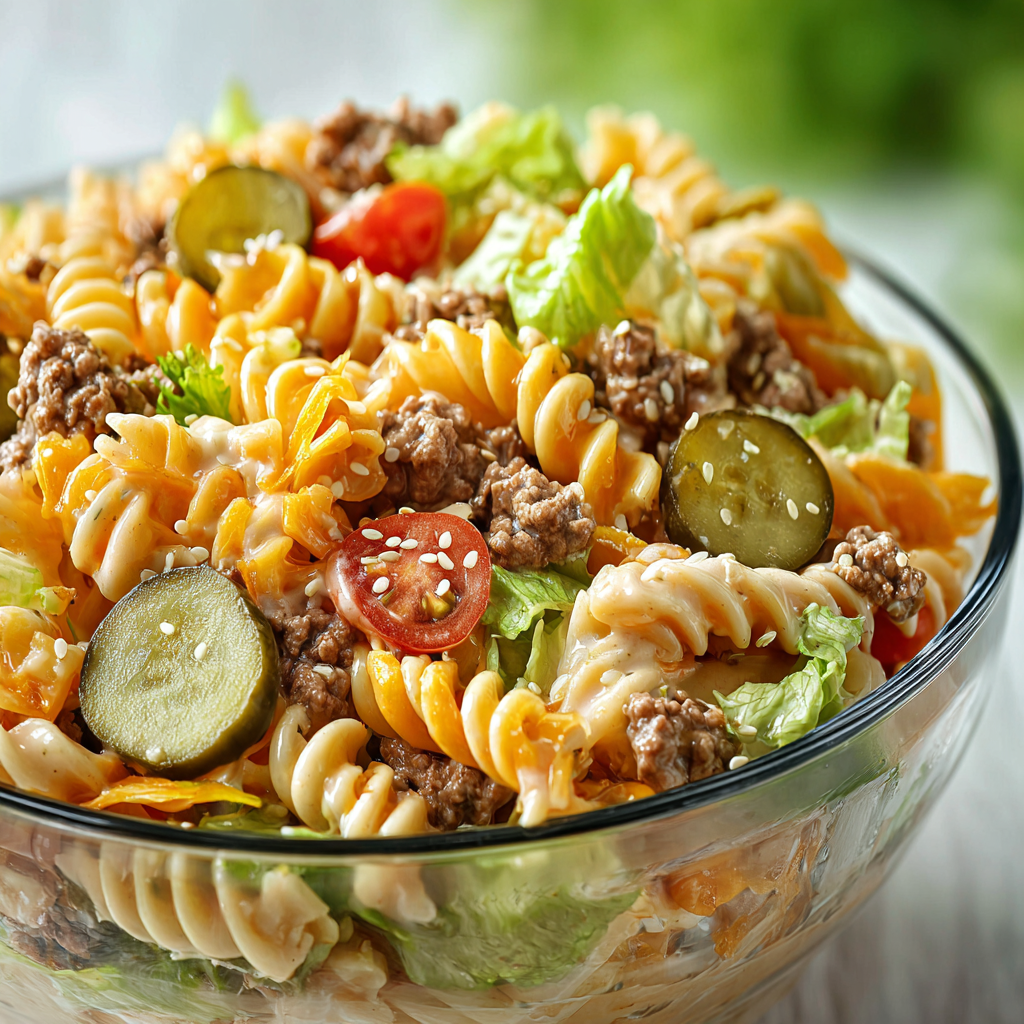 Serving bowl of Big Mac Pasta Salad