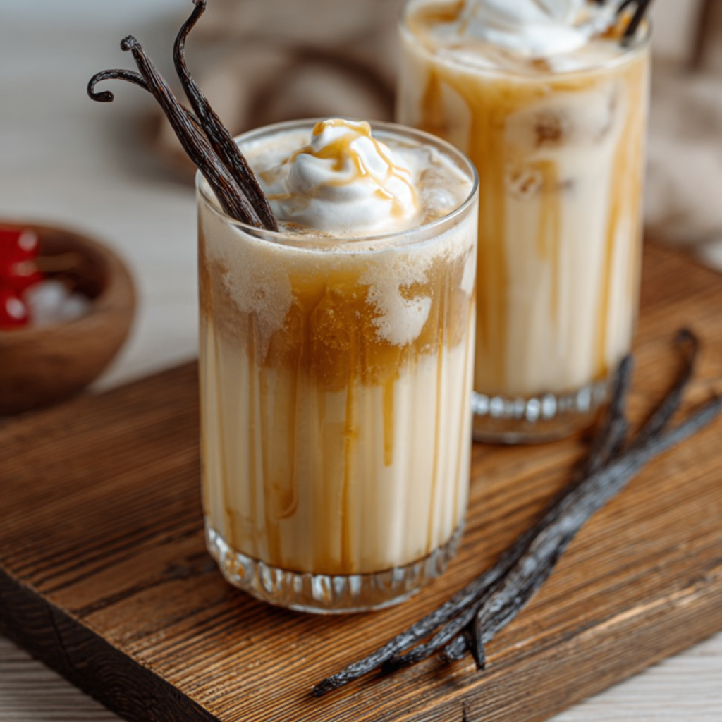 Vanilla Bourbon Cream Soda topped with whipped cream and cherry