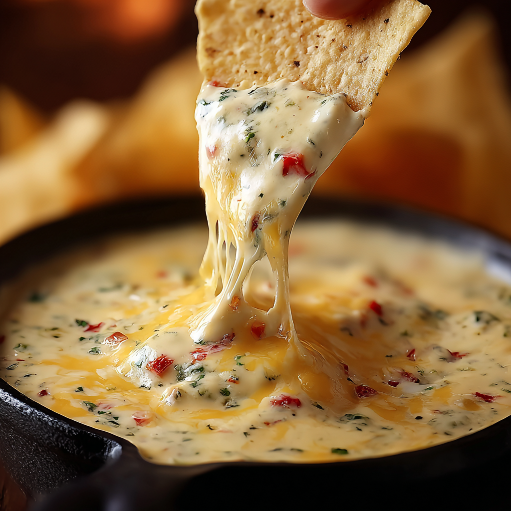 Served cheese dip with garnishes and chips