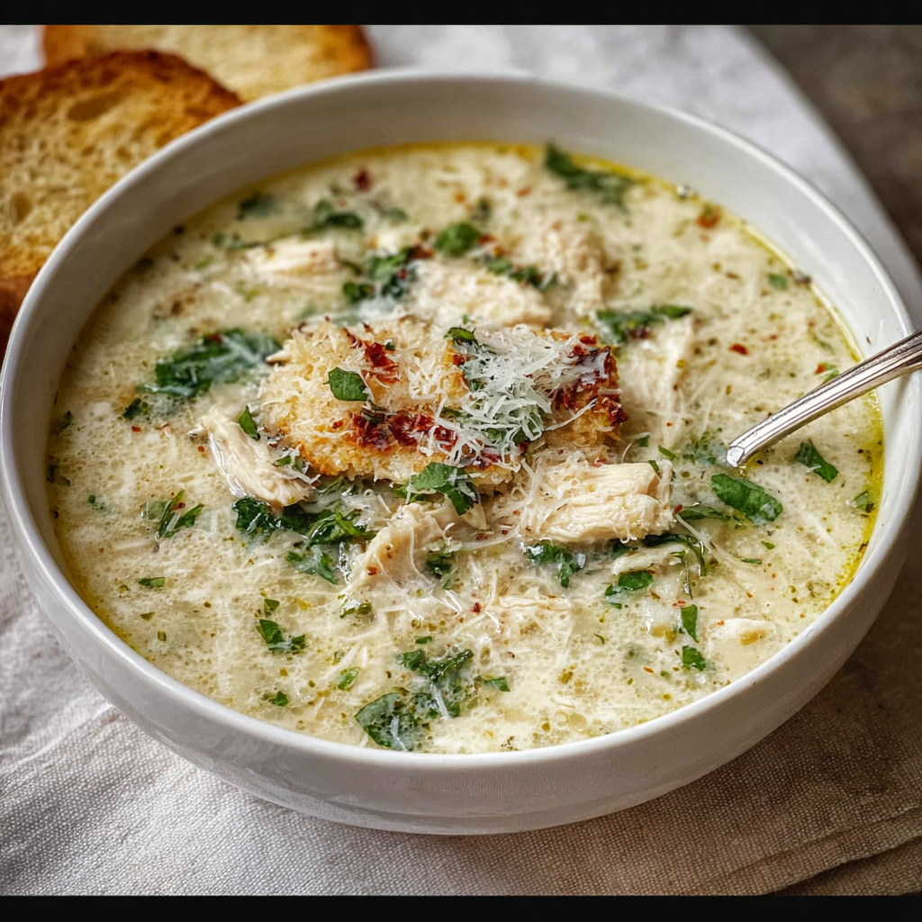 Close up of creamy garlic parmesan soup with chicken pieces