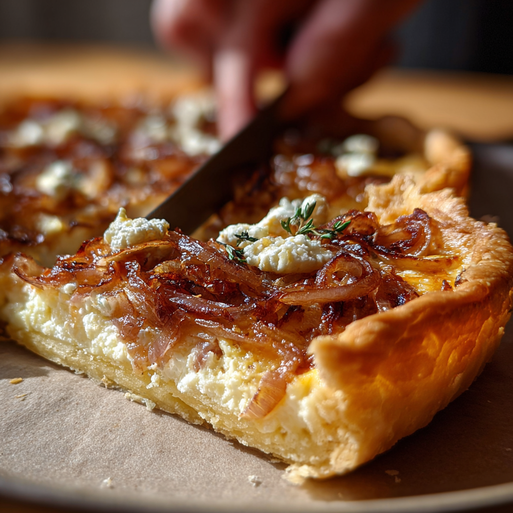 Caramelized onion and goat cheese tarts on a baking sheet