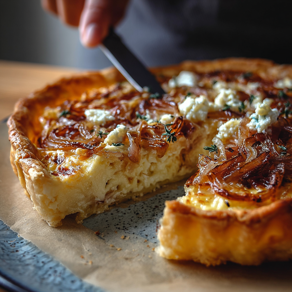 Close-up of a golden puff pastry tart with caramelized onions and goat cheese