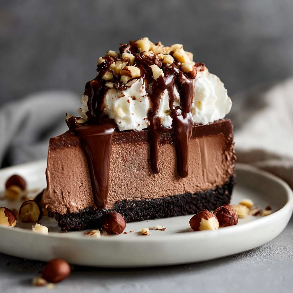Sliced Nutella cheesecake with hazelnuts