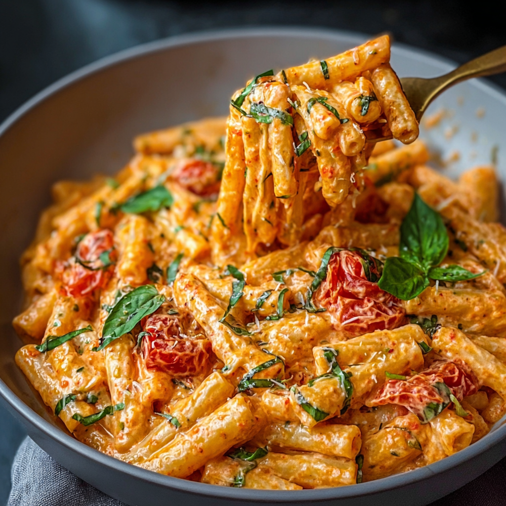 Creamy tomato garlic pasta in skillet