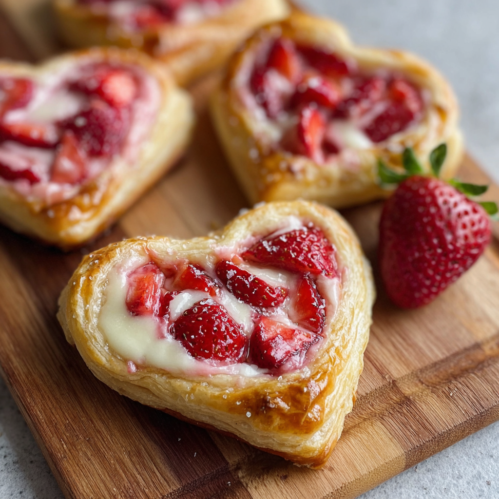 Close-up of a baked strawberry cream cheese heart danish