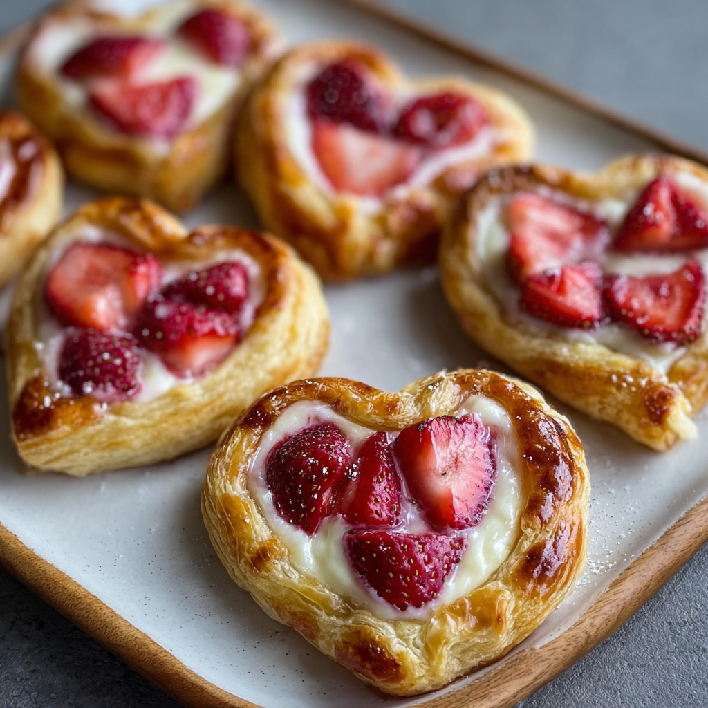 Tray of heart-shaped danishes cooling on a rack