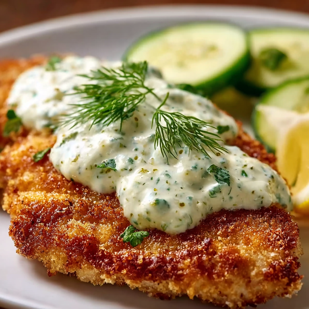 Served crispy dill pickle parmesan chicken on plate