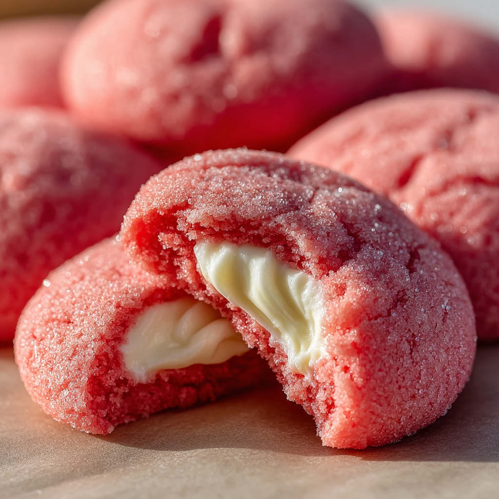 Freshly baked strawberry cheesecake cookies on parchment