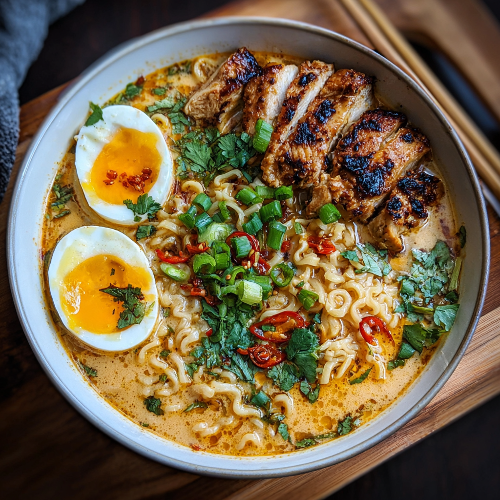 Creamy garlic chicken ramen in a bowl topped with soft-boiled egg and green onions