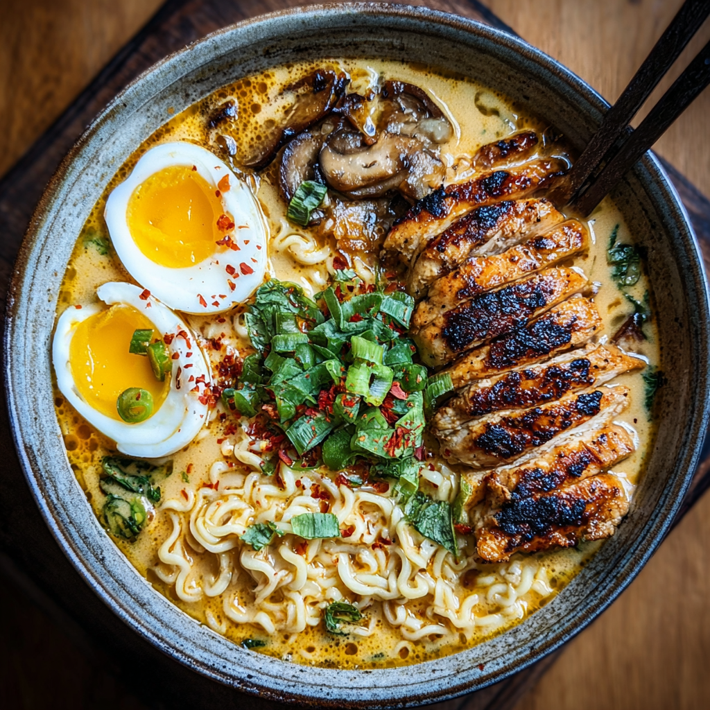 Close-up of ramen noodles and toppings on a wooden table