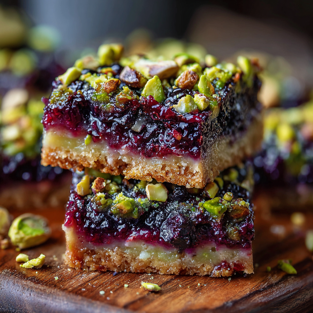 Stack of sliced pistachio bars with berries