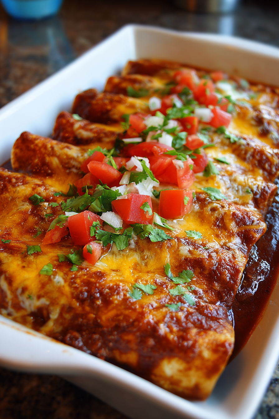 Beef enchiladas baking in dish with red sauce and cheese