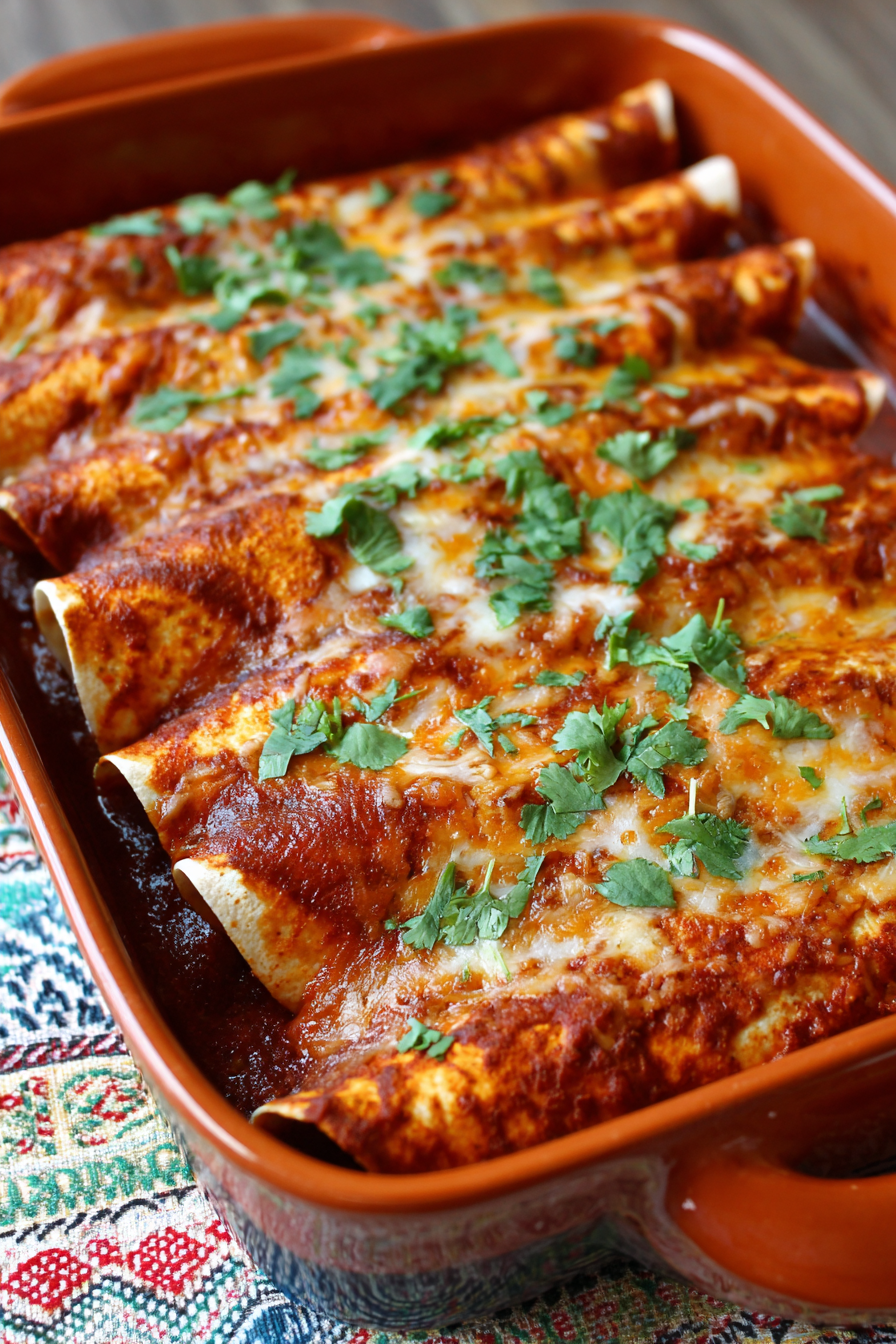 Close up of rolled beef enchiladas topped with cilantro