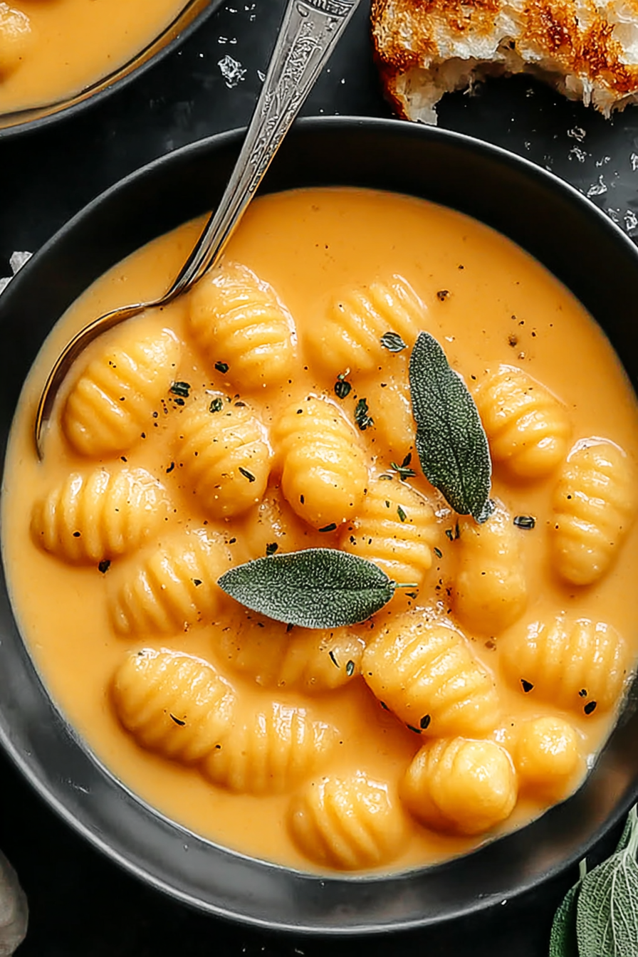 pumpkin gnocchi soup with crispy gnocchi on top