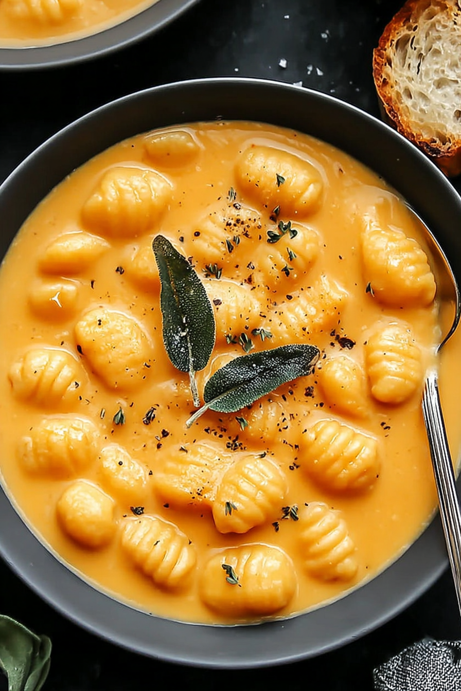 close up of creamy pumpkin soup with gnocchi