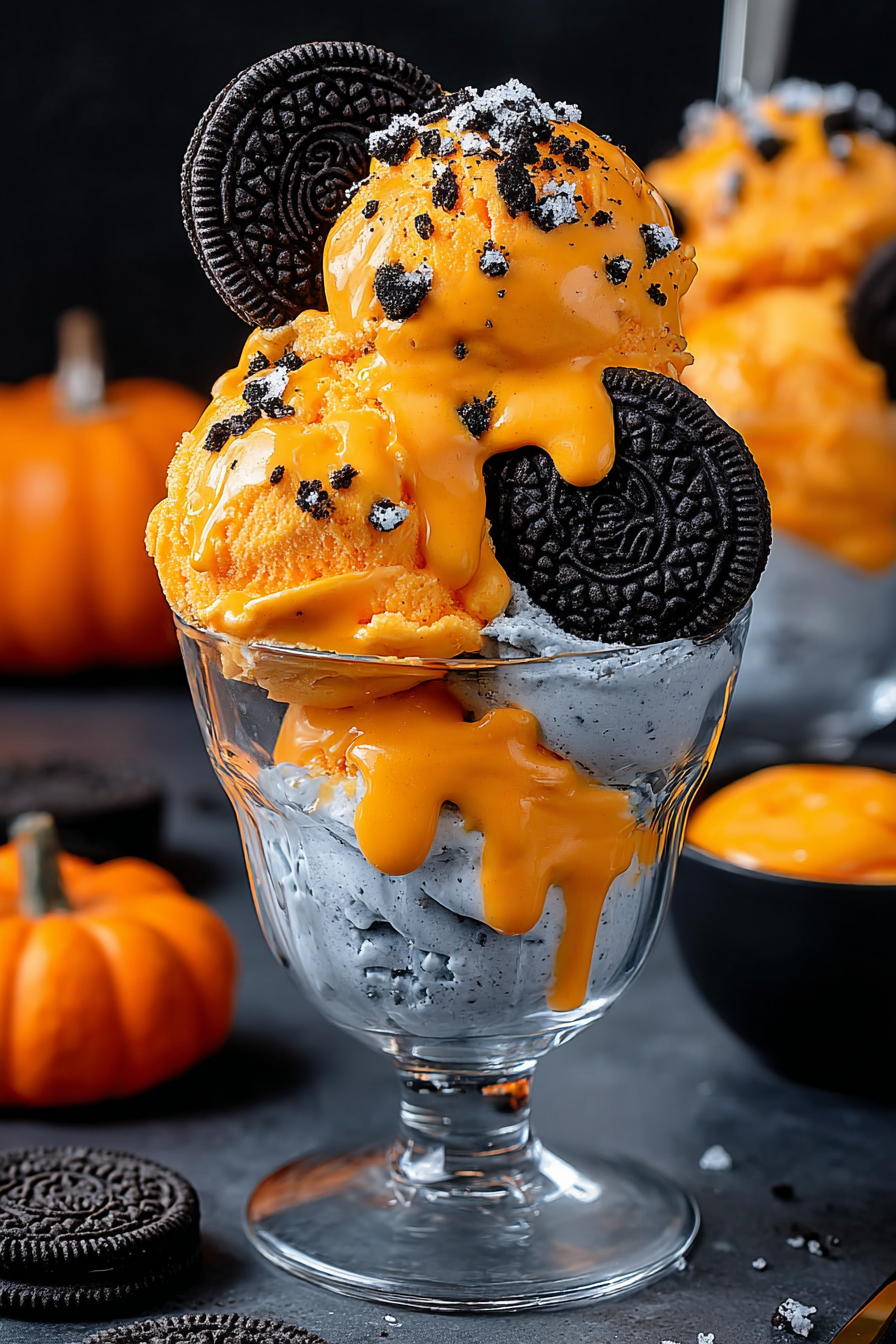 close-up of Halloween ice cream with cookie pieces