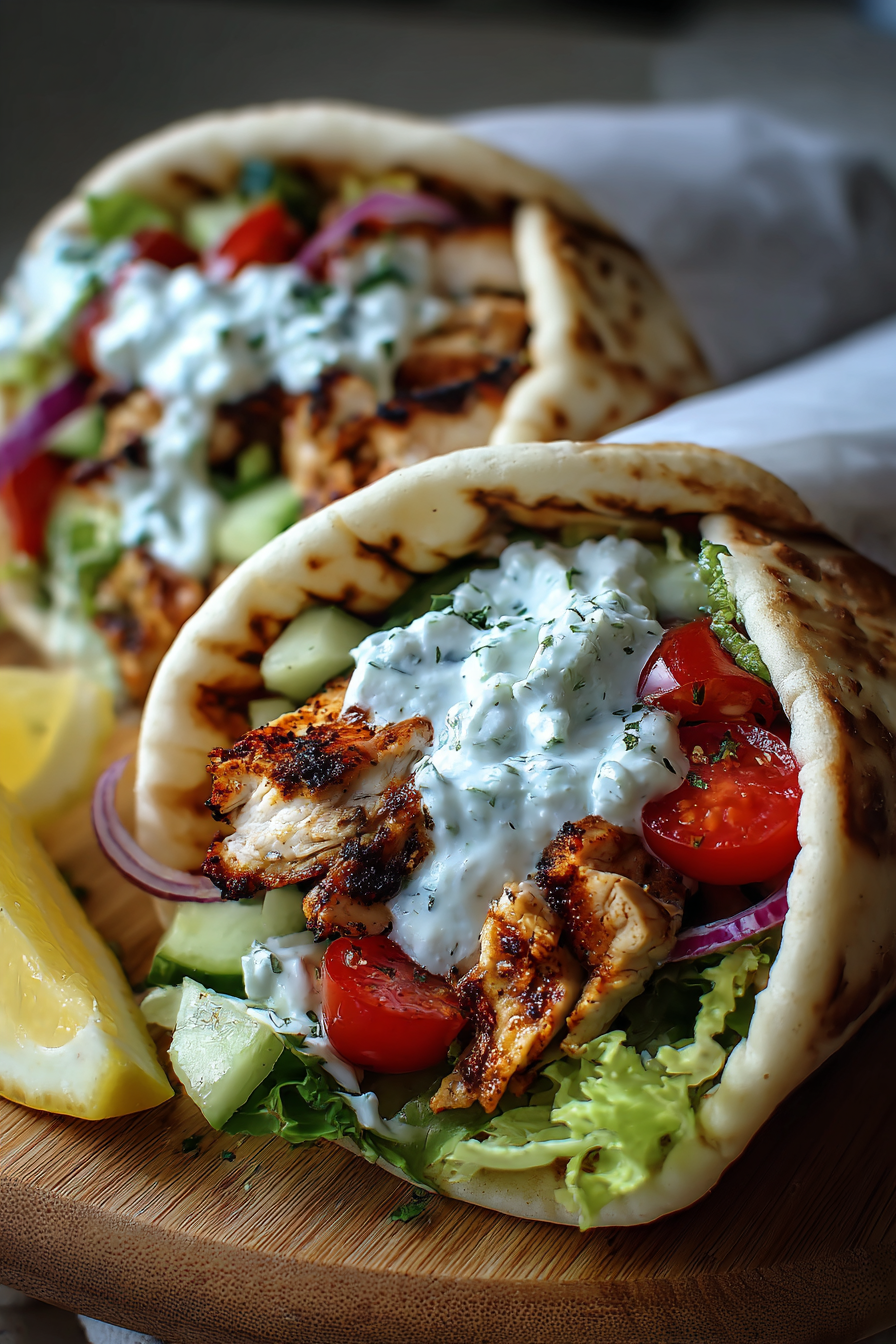 Close-up of gyro toppings with tomatoes and cucumber
