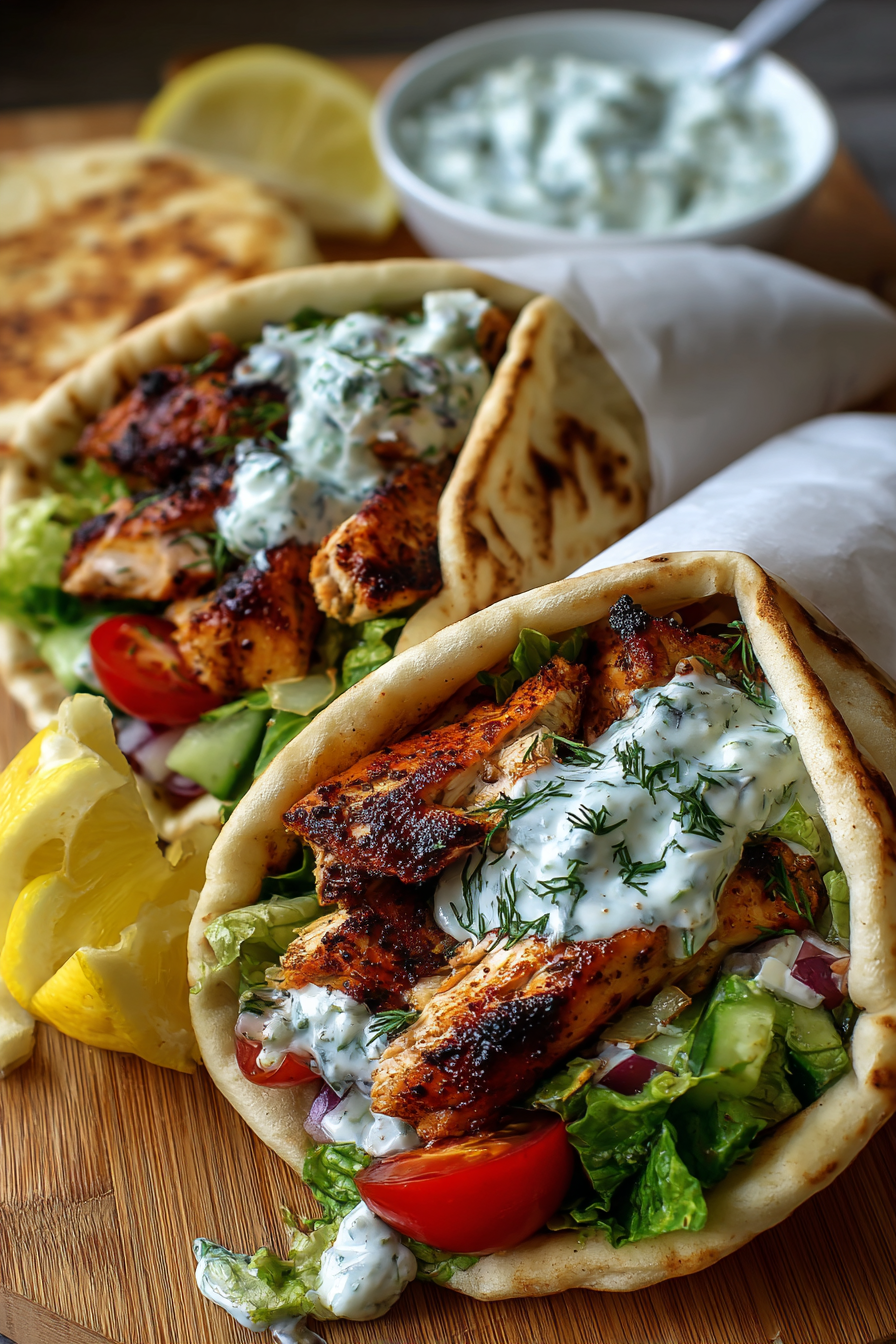 Sliced chicken gyro filling on pita with vegetables