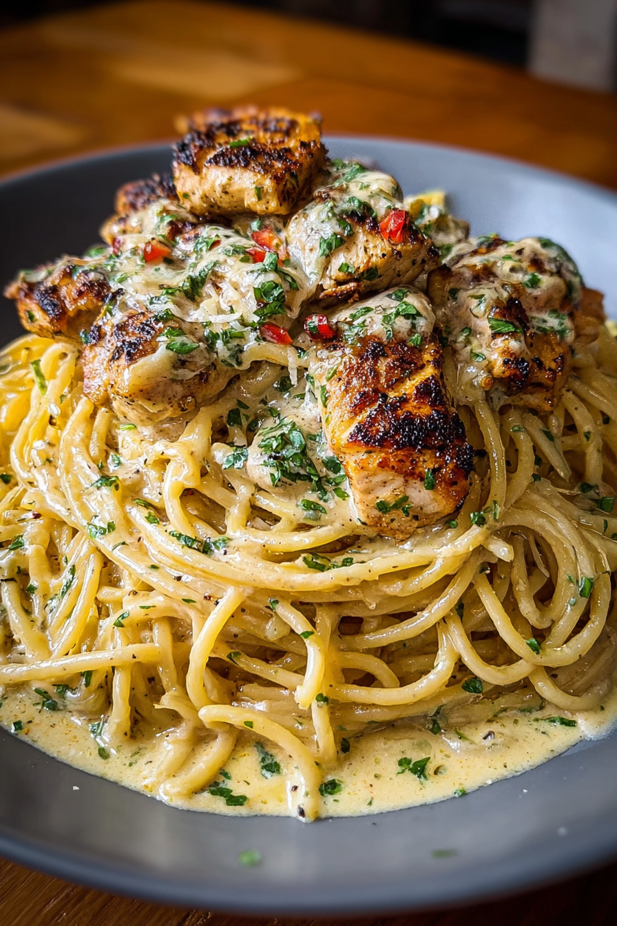 Creamy Cajun chicken spaghetti in skillet