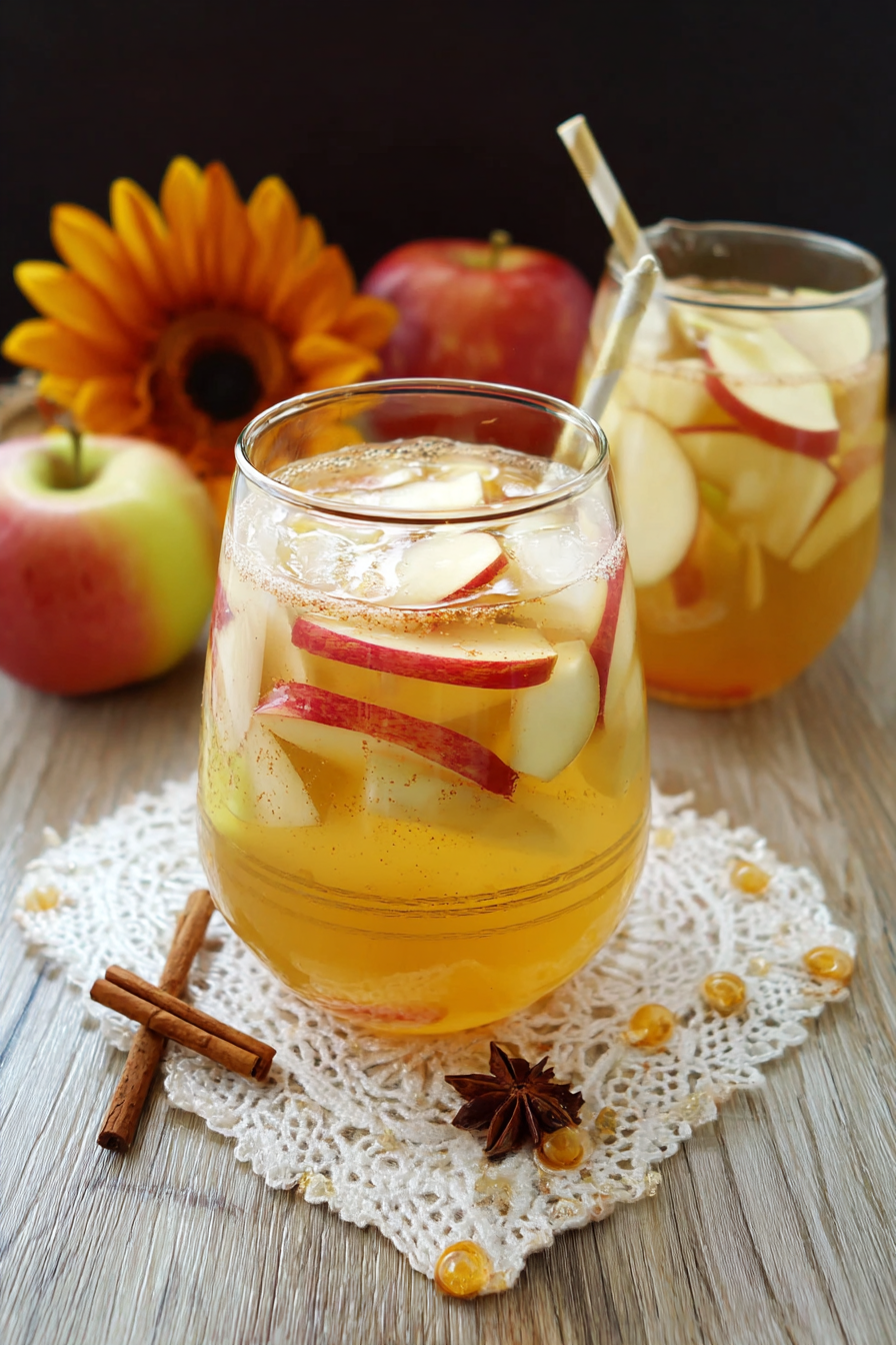 Glasses of apple sangria with apple slices and cinnamon
