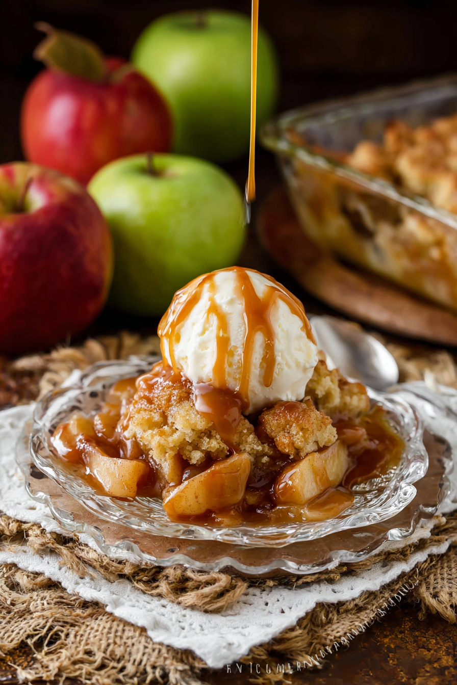 Baked caramel apple cobbler fresh from the oven