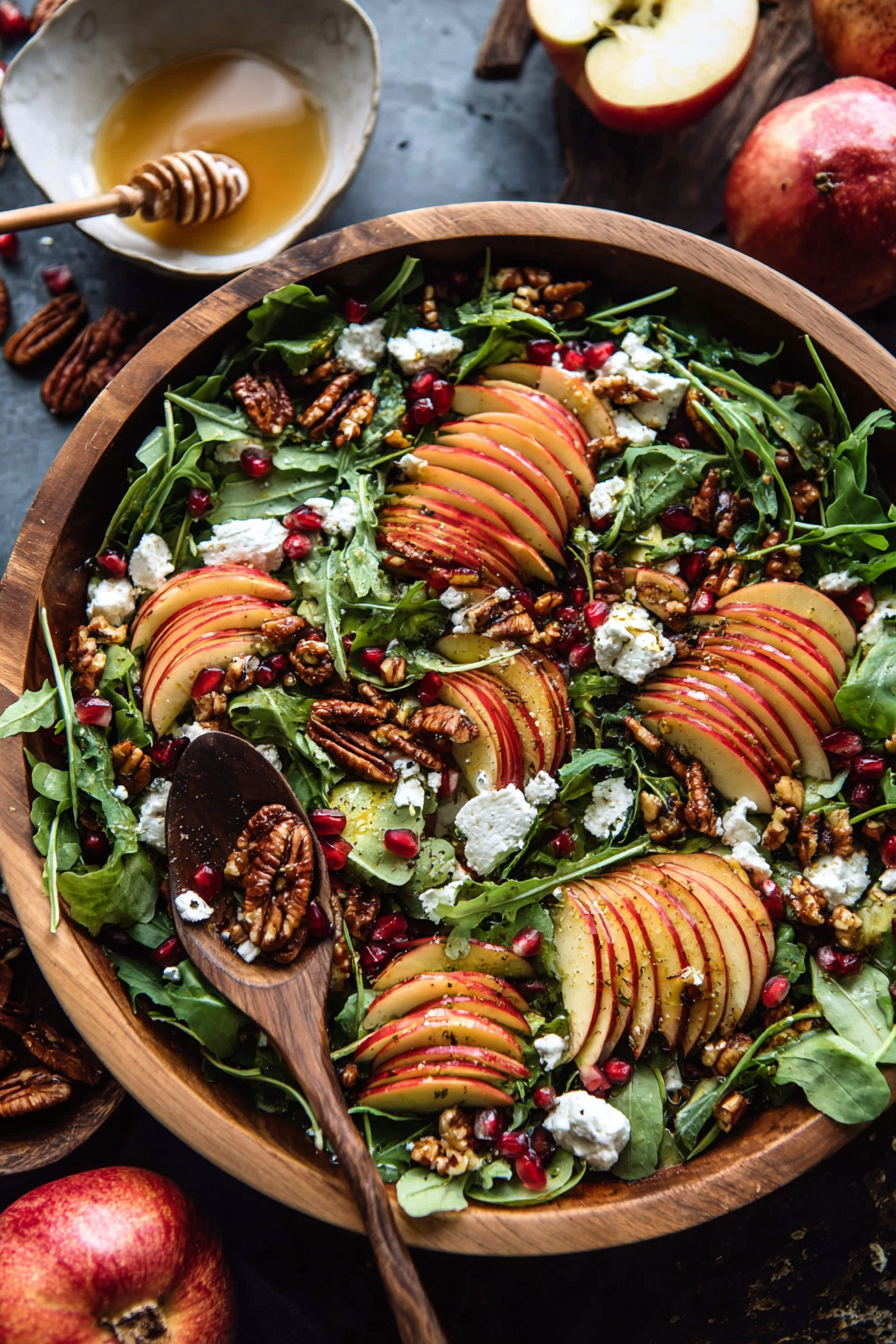 Plated autumn salad with apples, squash, feta and cranberries