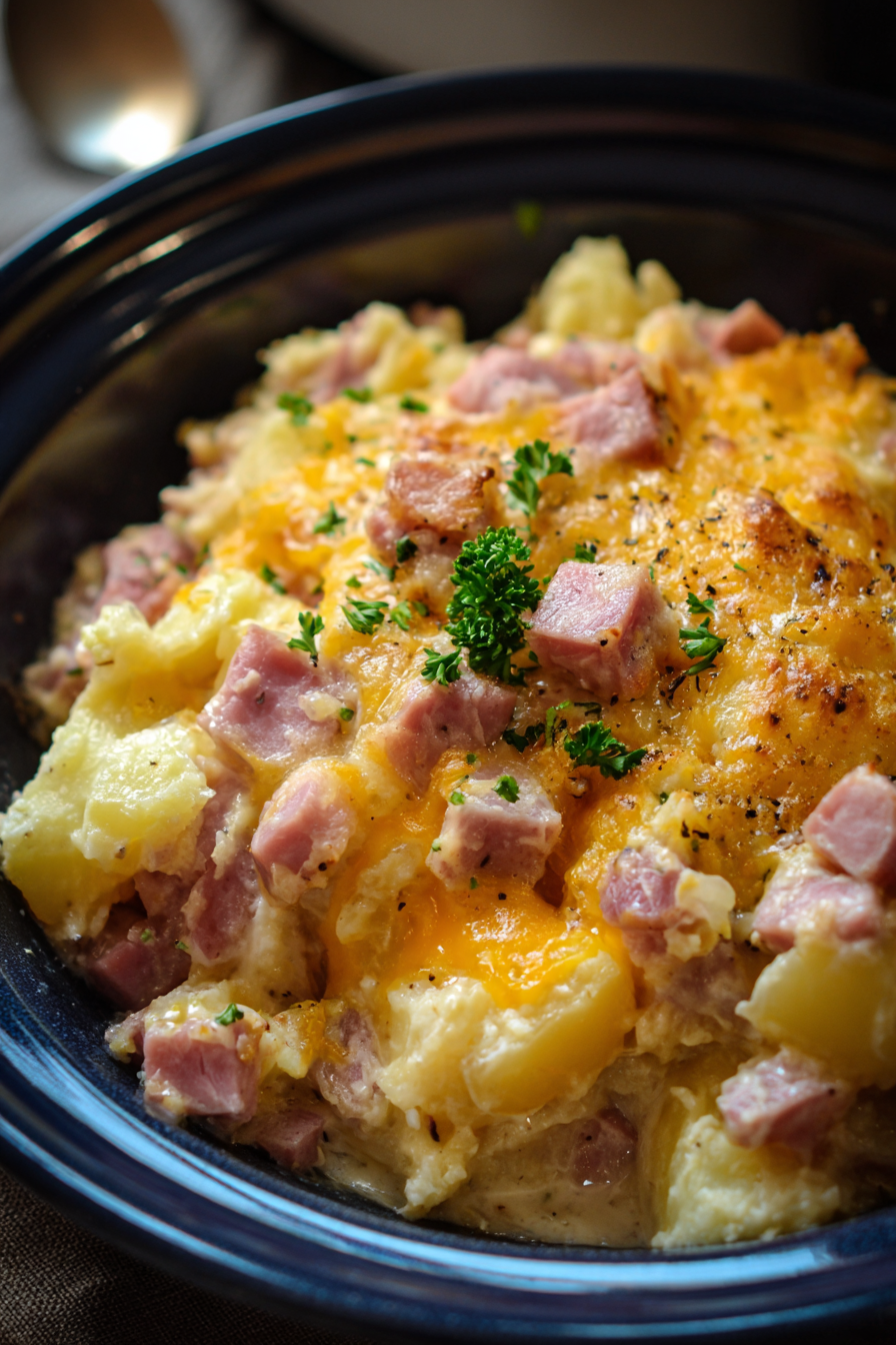 Close-up of creamy ham and potato layers