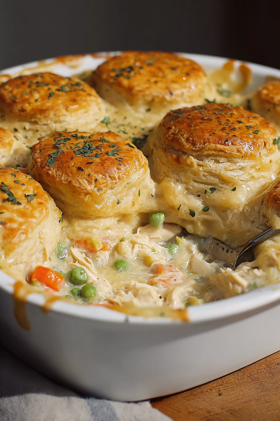 Baked chicken pot pie casserole with golden biscuits
