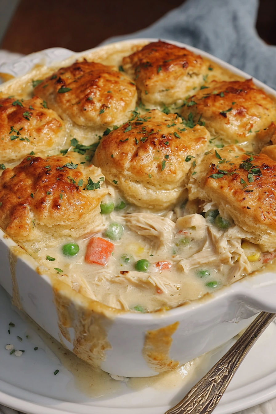 Close up of biscuit topping on casserole