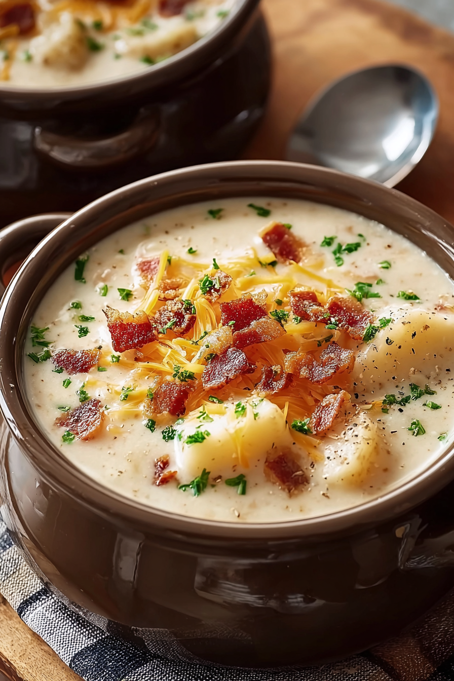 Layered ingredients in crock pot for potato soup