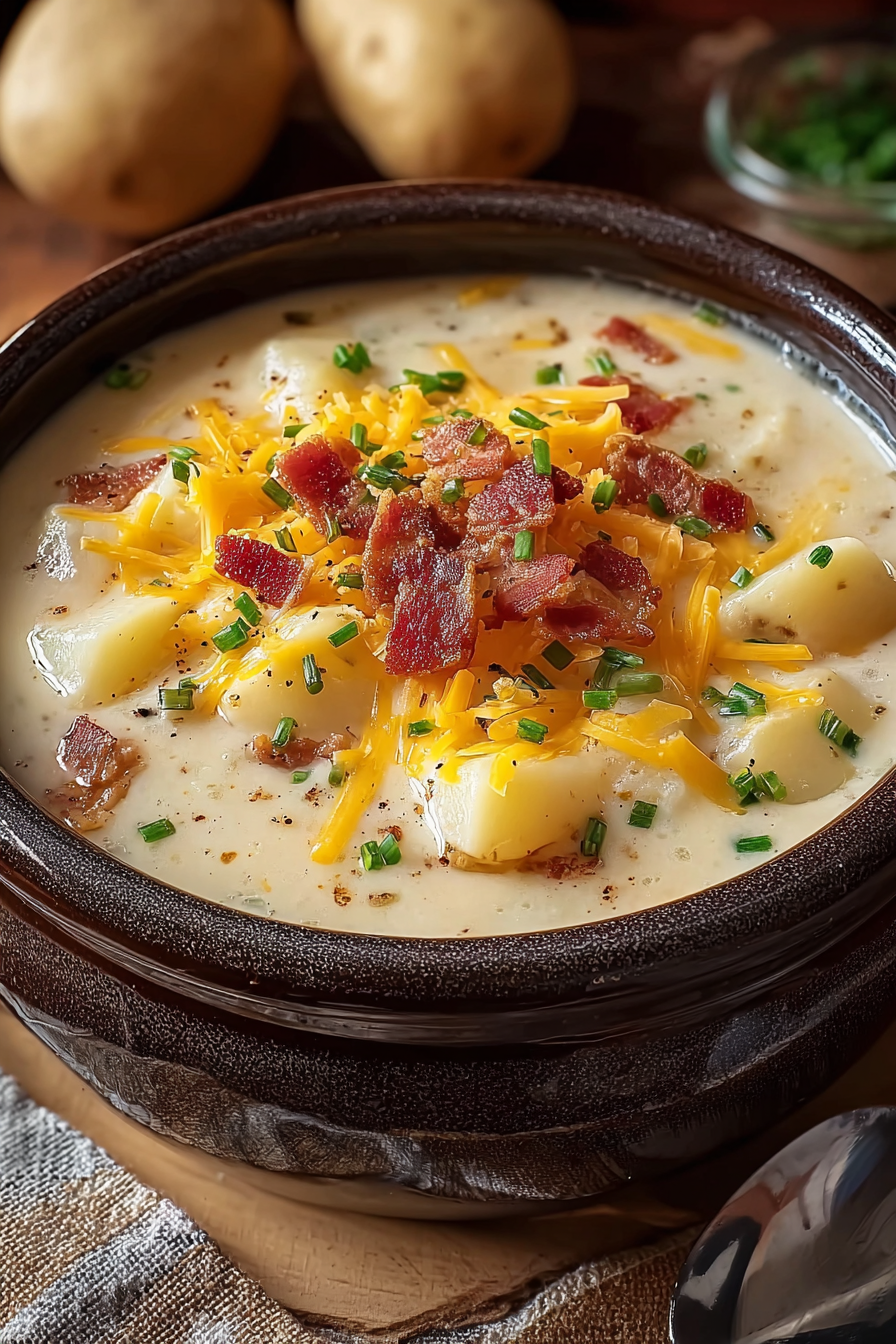 Served bowl of potato soup with garnishes