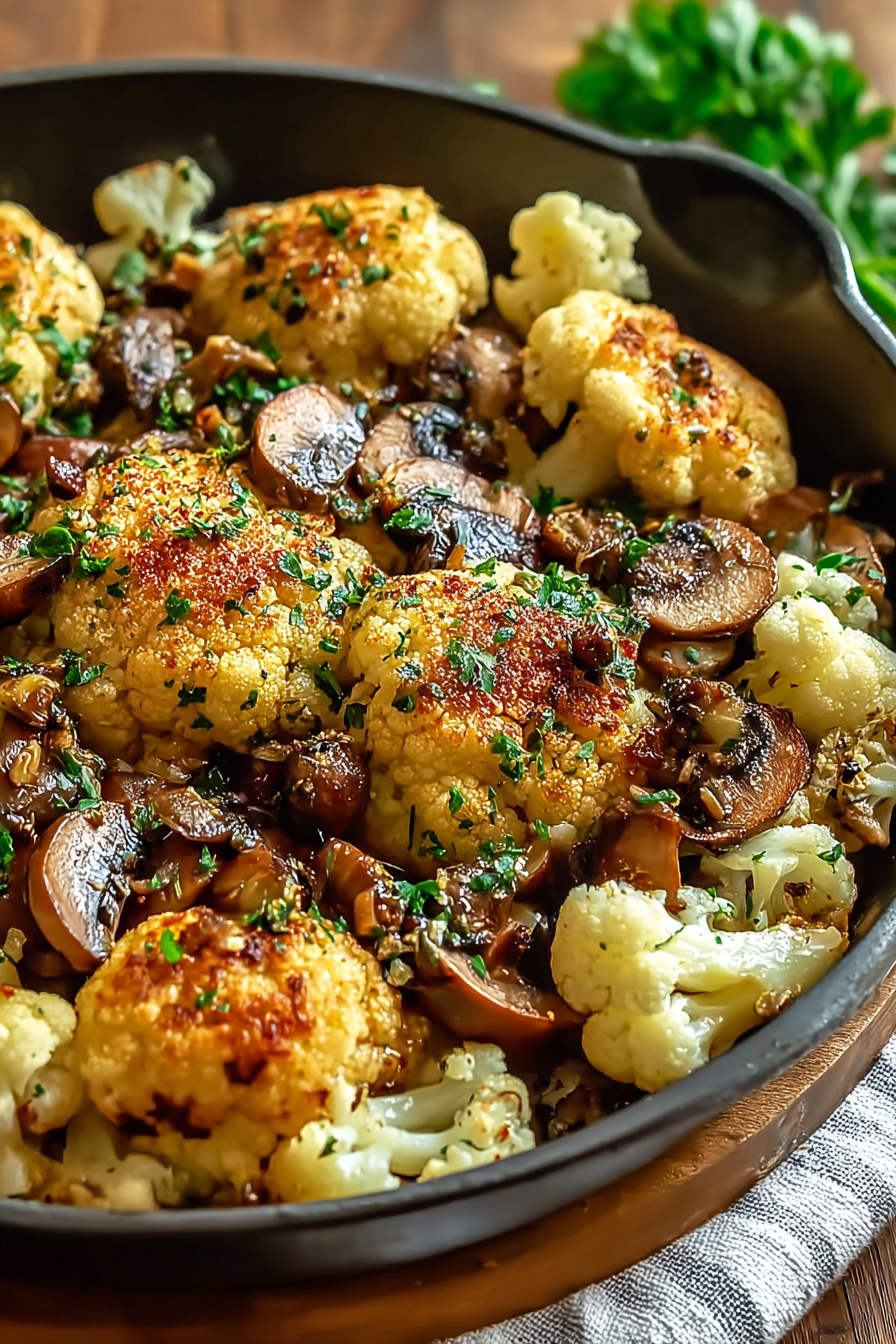 Sizzling garlic cauliflower and mushrooms in a skillet