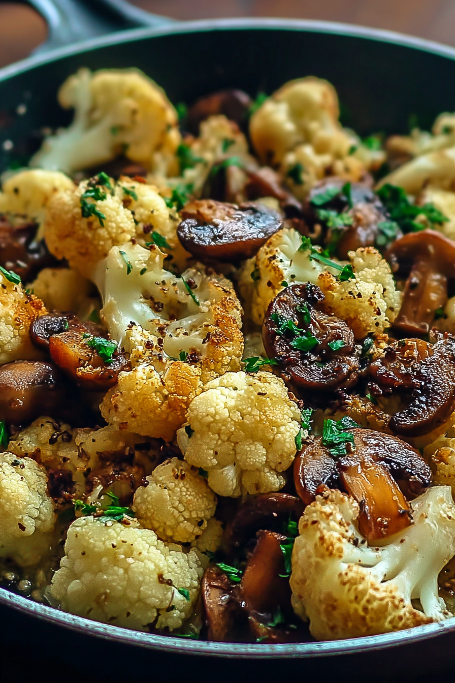 Finished garlic cauliflower mushroom skillet garnished with parsley