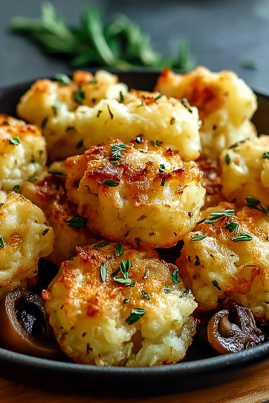 Close up of crispy golden potato cheese puff with a bite taken