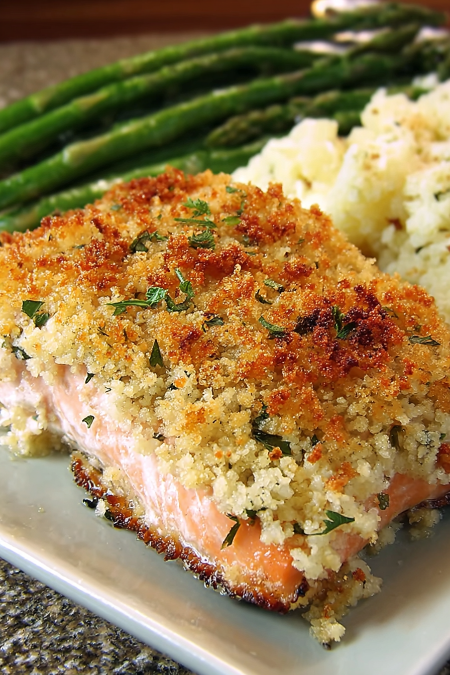Panko Parmesan topping over baked salmon
