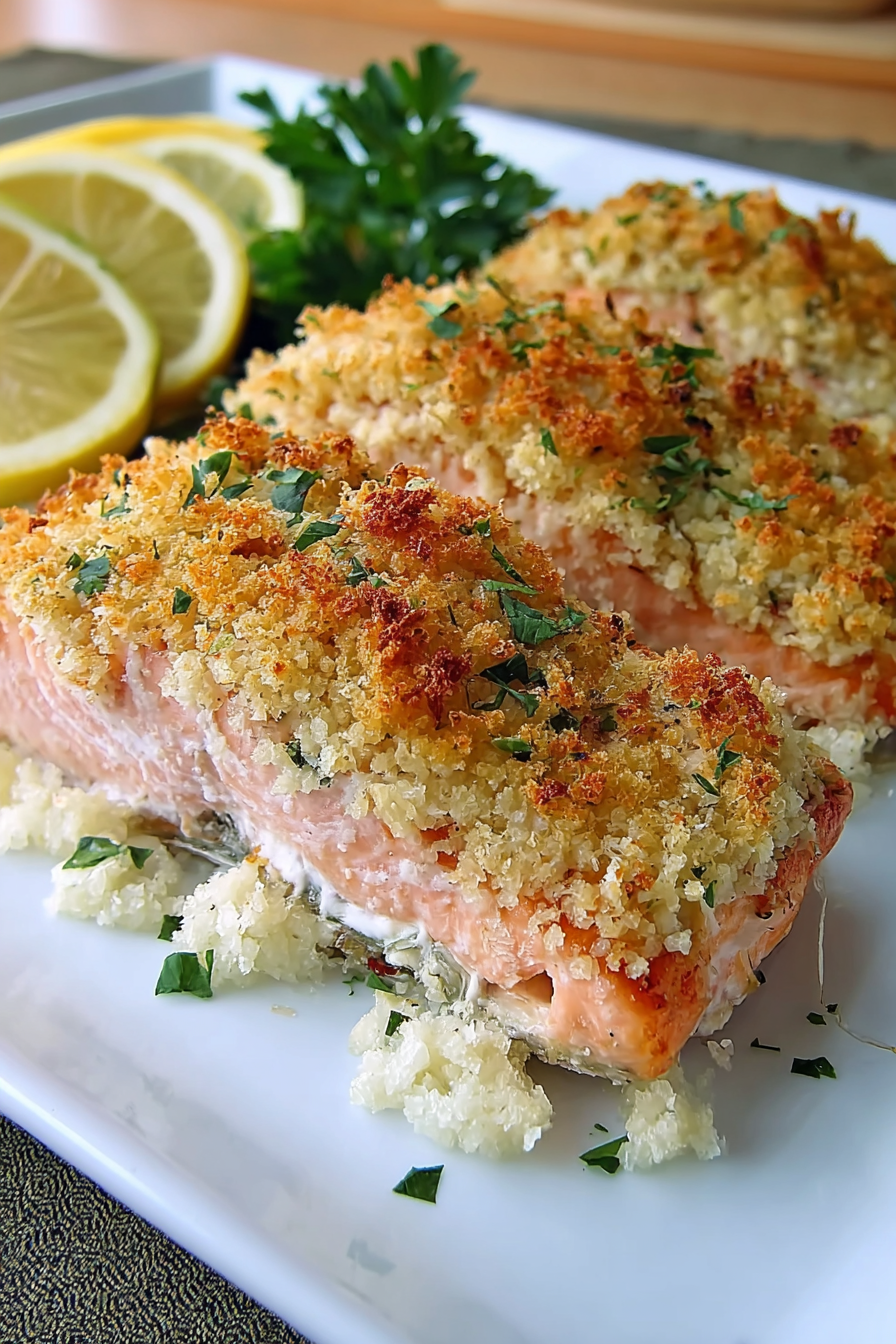 Plated panko parmesan salmon with sides