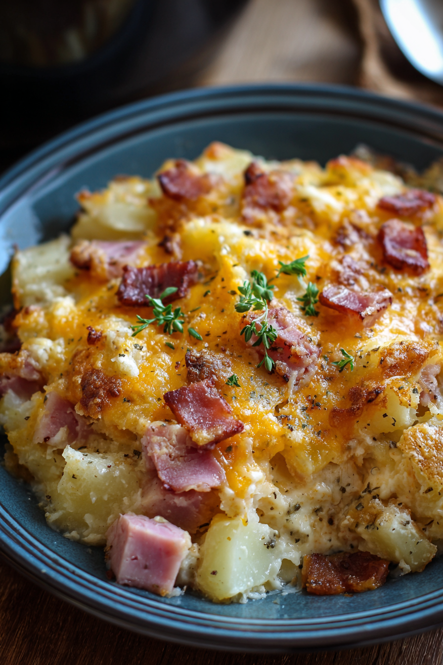 Close-up of cheesy ham and potato casserole