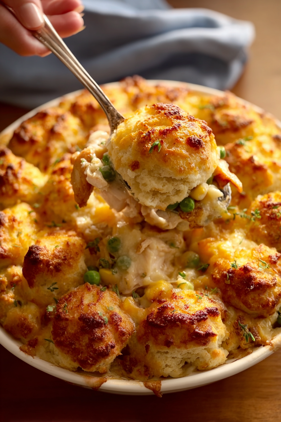 Chicken cobbler casserole just out of the oven