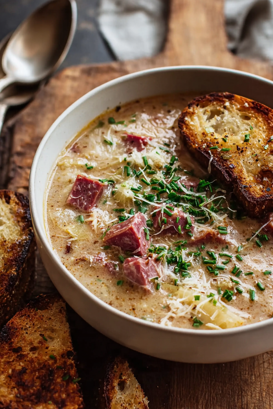 Toasted rye and bowl of soup