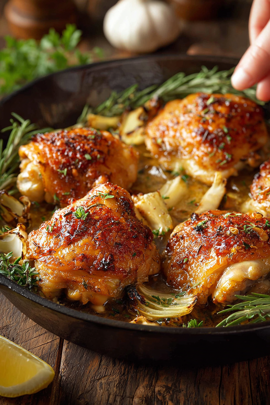 Golden baked chicken thighs on a baking sheet