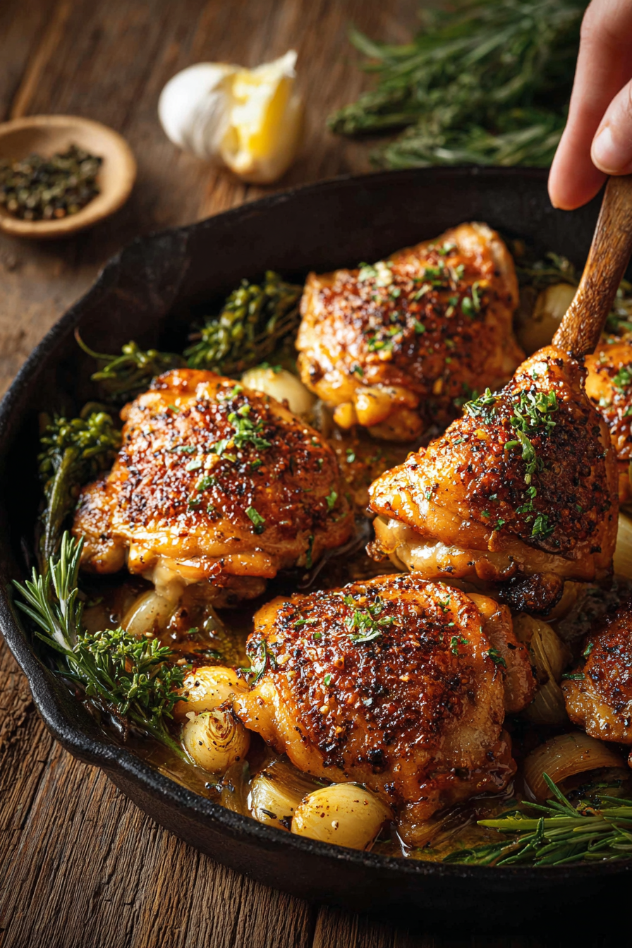 Plated baked chicken thigh with parsley garnish
