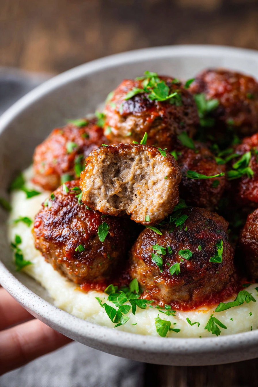 Meatballs served with fresh herbs and sauce