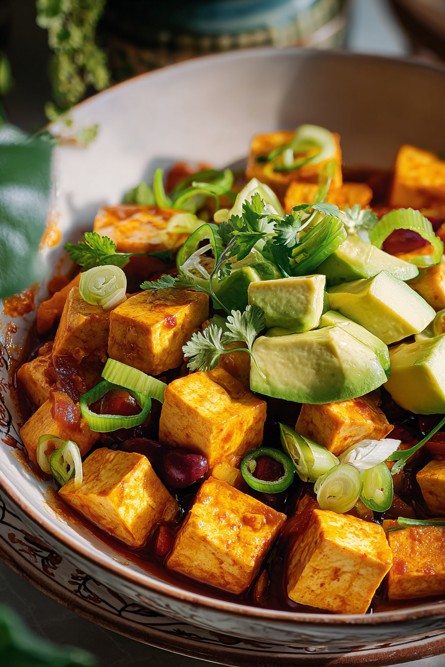 Chili tofu servi avec salade d avocat et cheddar