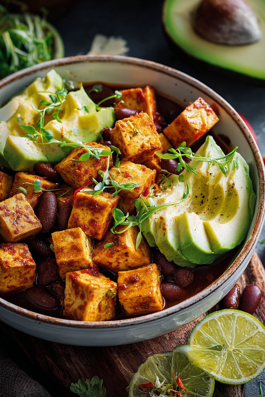 Plan rapproché des ingrédients colorés pour le chili tofu