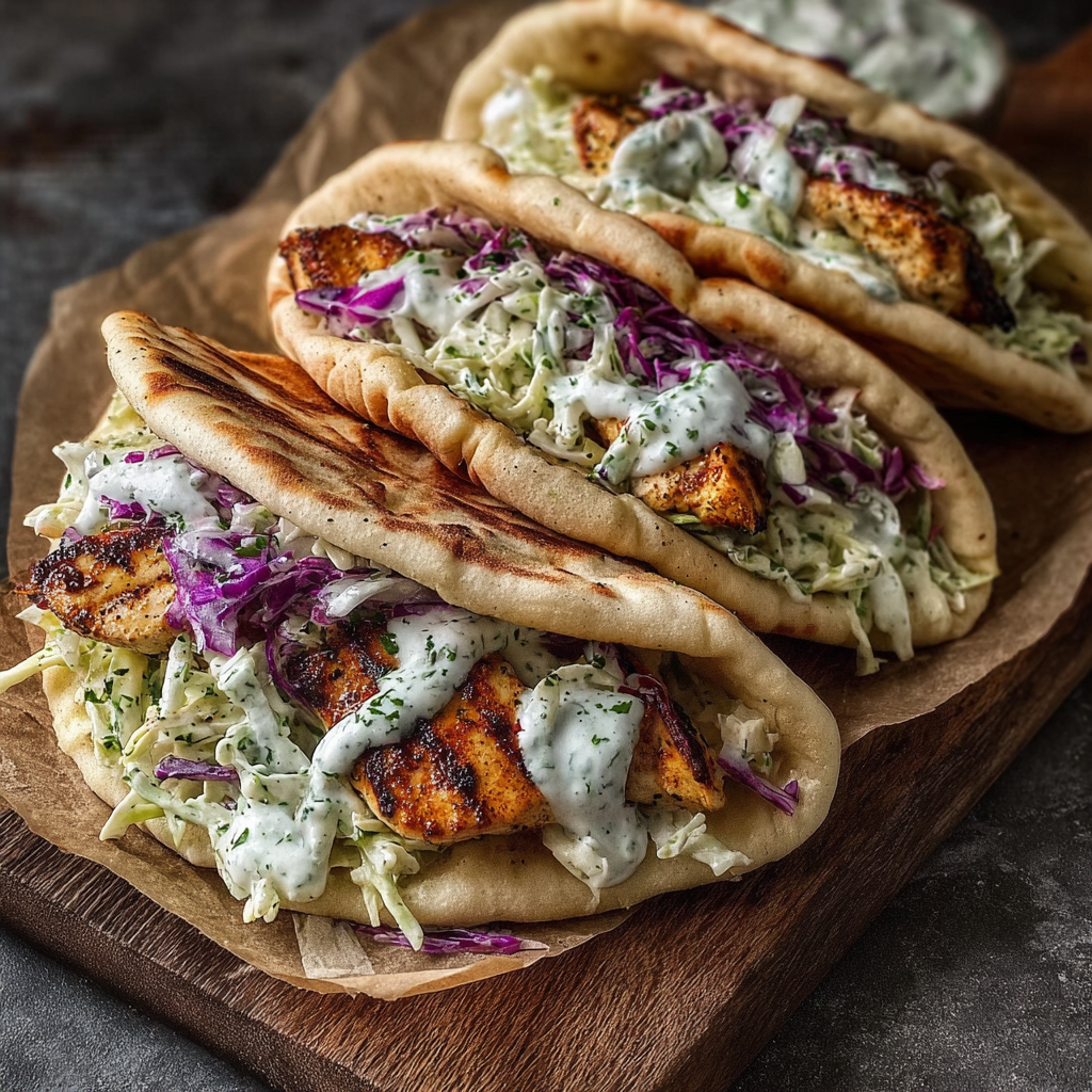 Chicken Pitas with Herby Ranch Slaw