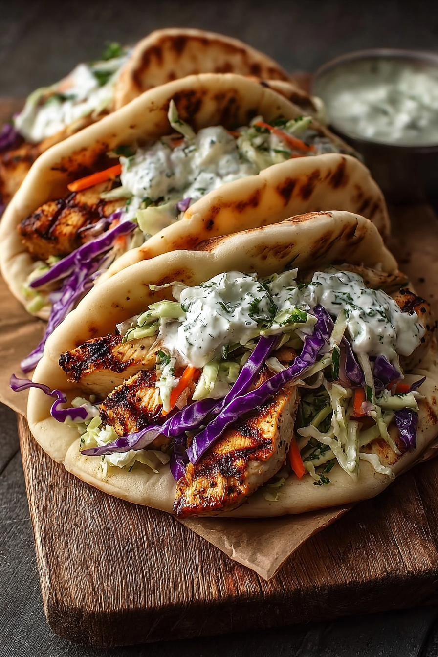 Grilled chicken sliced and ready to fill pita pockets