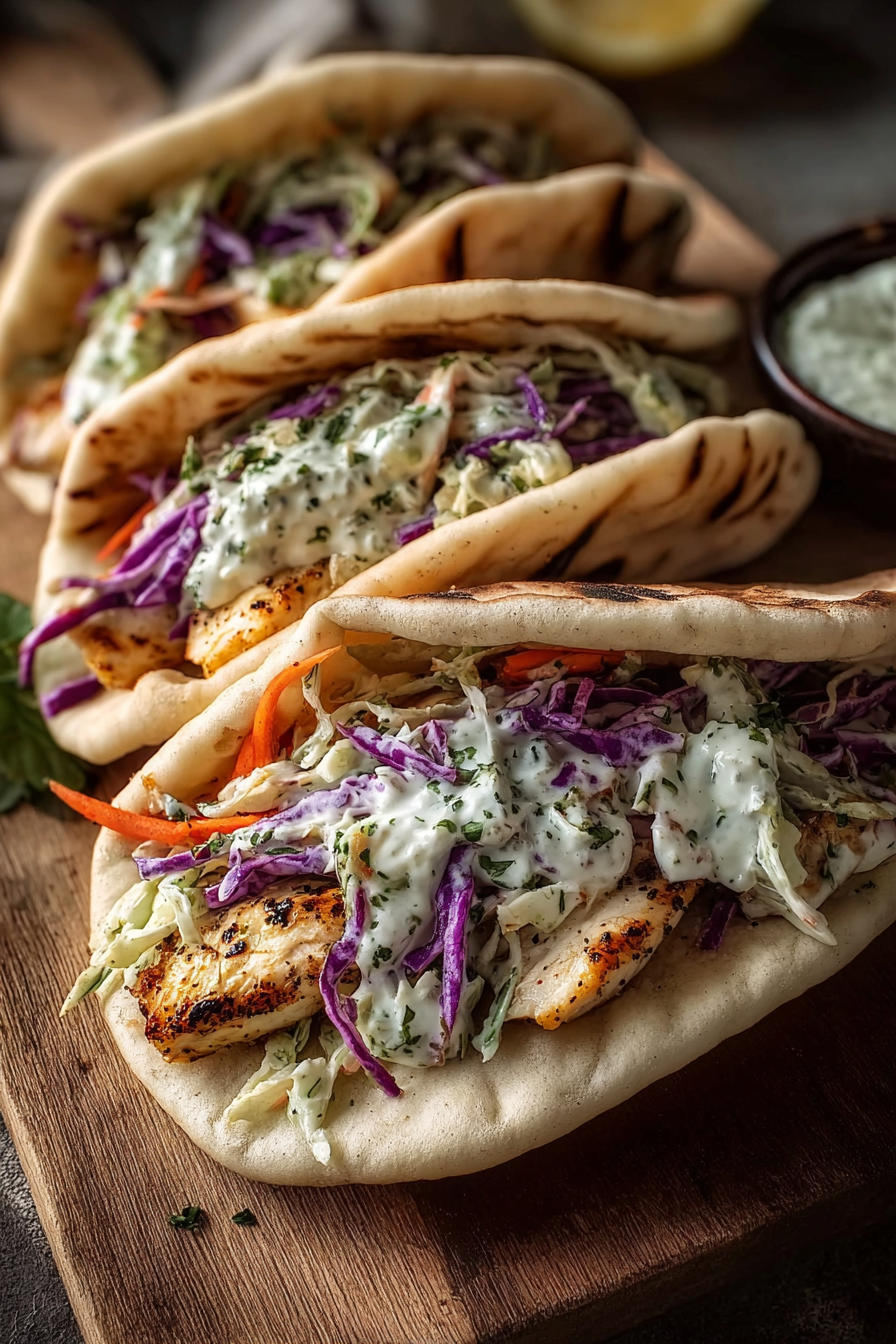 Pita pockets filled with chicken and herby ranch slaw