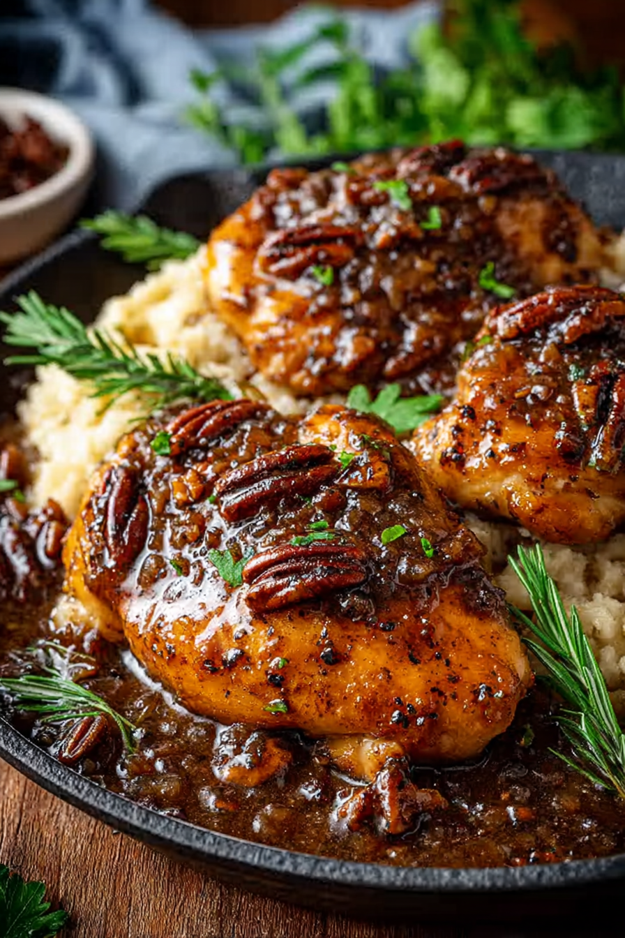 Served Maple Bourbon Pecan Chicken on plate