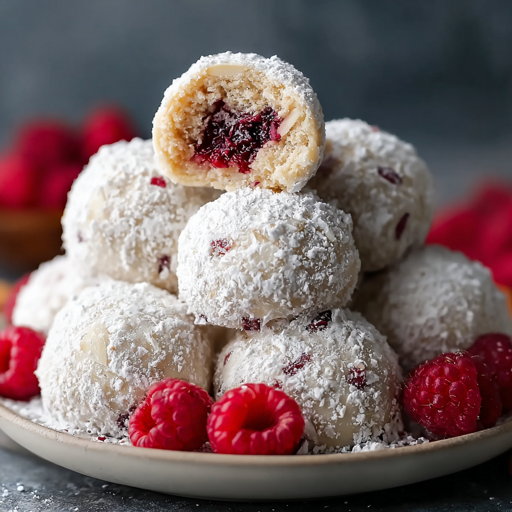 Raspberry Almond Snowball Cookies